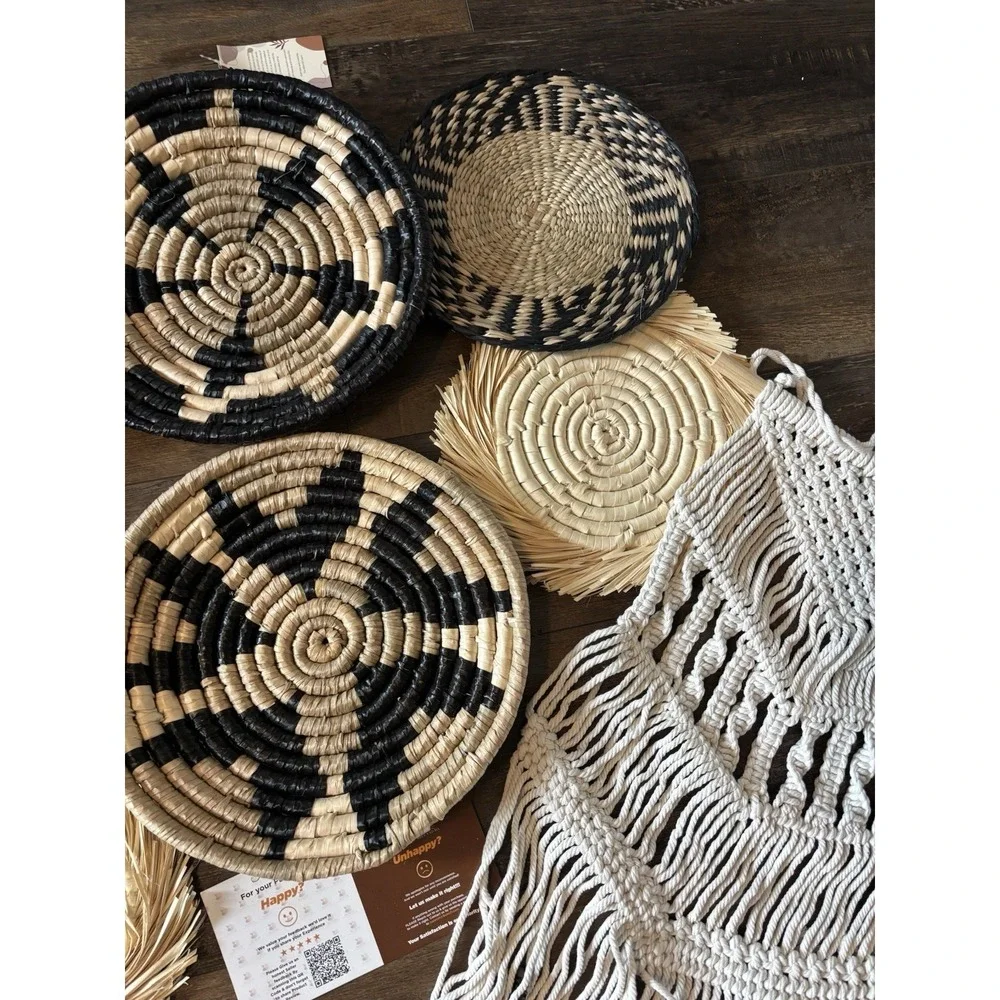 New Boho Hanging Wall Basket Decorative Set of 8 Decorative Bulrush Woven Home